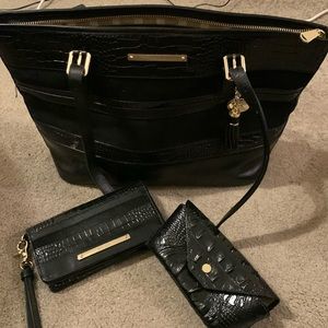 Black leather and suede Brahmin handbag with matching wallet and eyeglass case.